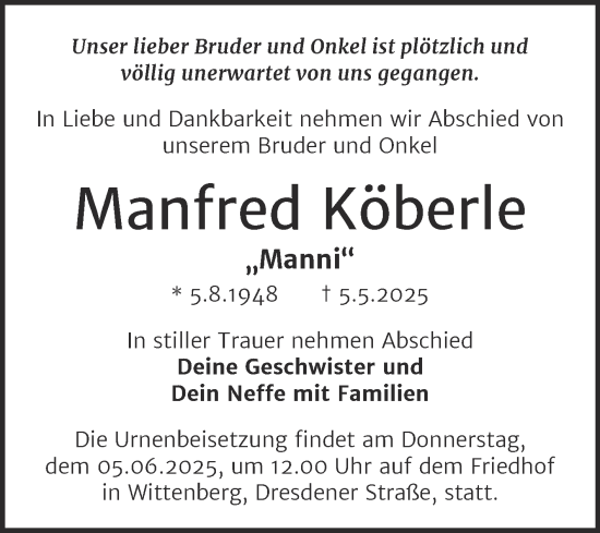 Traueranzeige von Manfred Köberle von Trauerkombi Wittenberg