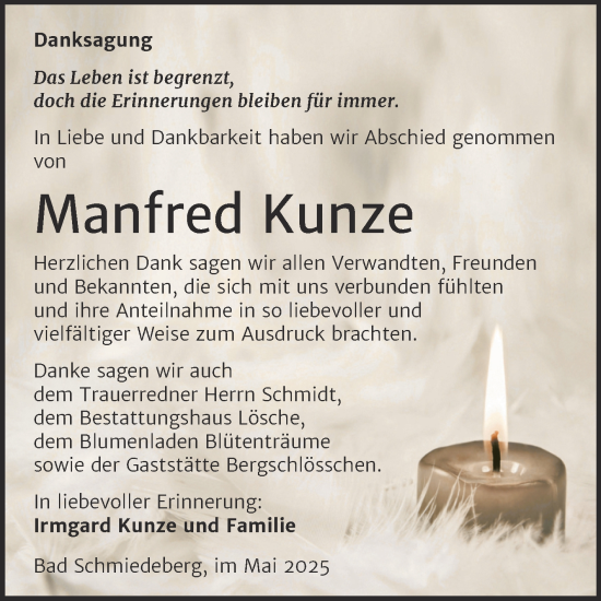 Traueranzeige von Manfred Kunze von Trauerkombi Wittenberg
