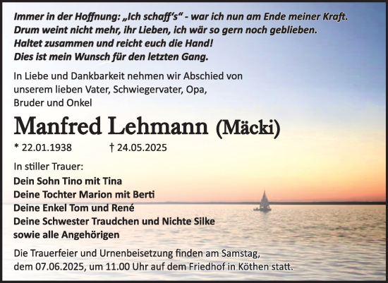Traueranzeige von Manfred Lehmann von Trauerkombi Köthen