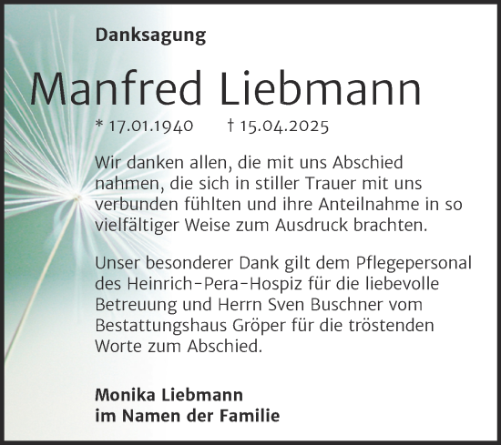 Traueranzeige von Manfred Liebmann von Mitteldeutsche Zeitung Halle/Saalkreis