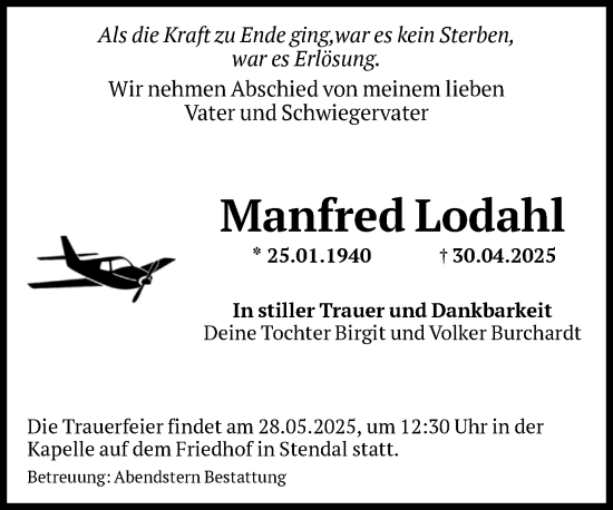 Traueranzeige von Manfred Lodahl von Volksstimme Altmark Ost