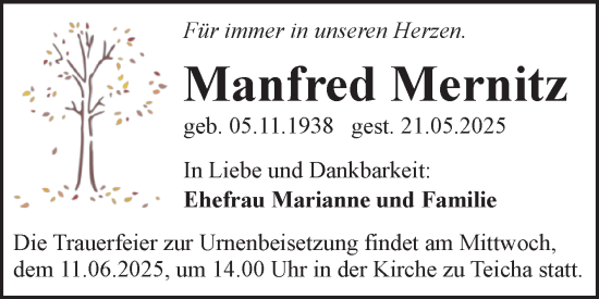 Traueranzeige von Manfred Mernitz von Mitteldeutsche Zeitung Halle/Saalkreis