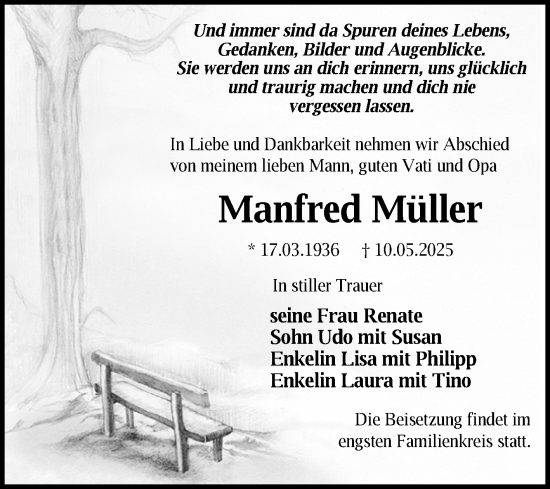 Traueranzeige von Manfred Müller von Trauerkombi Zeitz