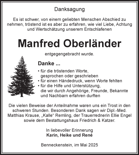Traueranzeige von Manfred Oberländer von Volksstimme Wernigerode