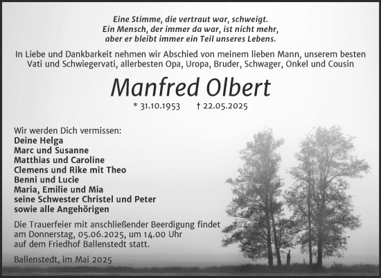Traueranzeige von Manfred Olbert von Mitteldeutsche Zeitung Aschersleben
