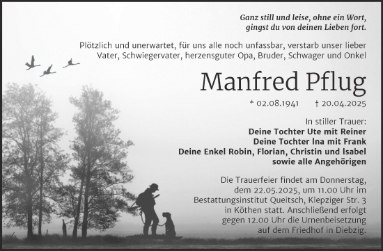 Traueranzeige von Manfred Pflug von Trauerkombi Köthen