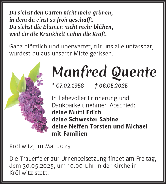 Traueranzeige von Manfred Quente von Trauerkombi Merseburg
