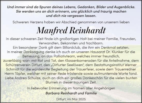 Traueranzeige von Manfred Reinhardt von Trauerkombi Quedlinburg
