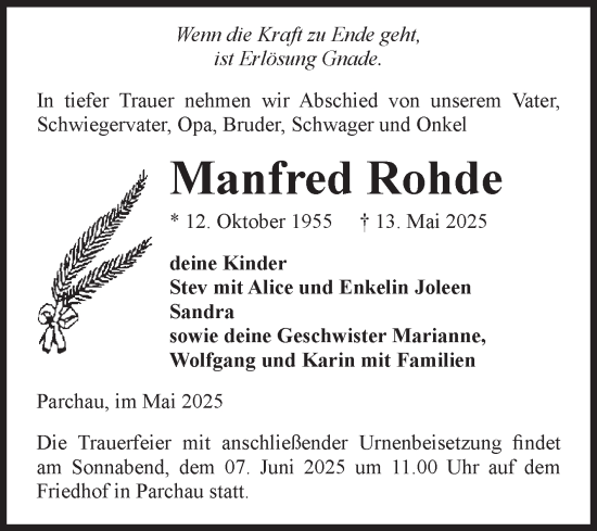 Traueranzeige von Manfred Rohde von Volksstimme Burg/Genthin