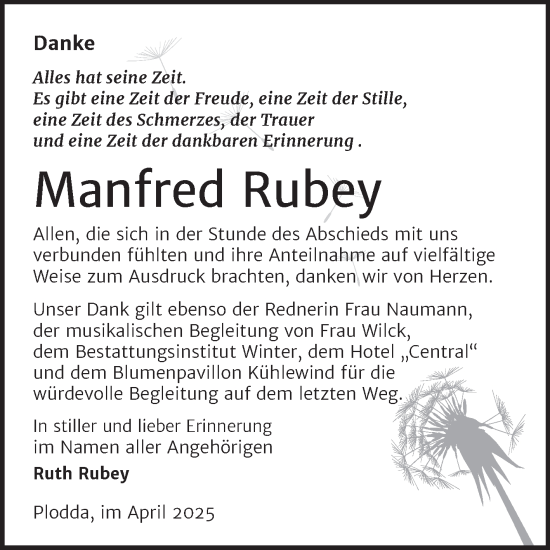 Traueranzeige von Manfred Rubey von Trauerkombi Bitterfeld