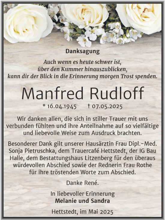 Traueranzeige von Manfred Rudloff von Trauerkombi Mansfelder Land