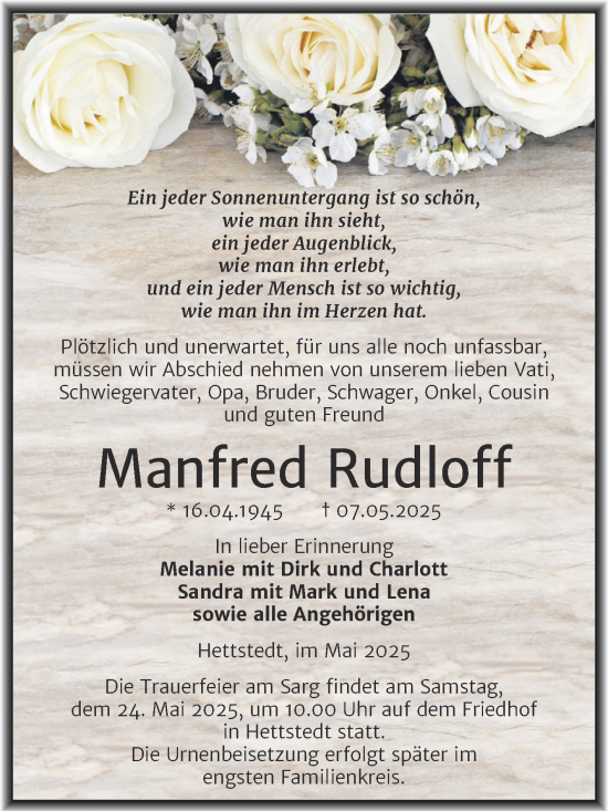 Traueranzeige von Manfred Rudloff von Trauerkombi Mansfelder Land