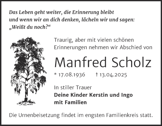 Traueranzeige von Manfred Scholz von Trauerkombi Merseburg