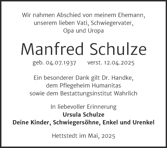Traueranzeige von Manfred Schulze von Trauerkombi Mansfelder Land