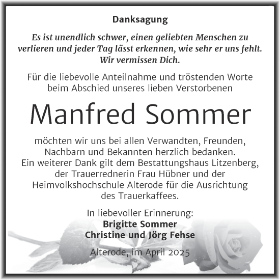 Traueranzeige von Manfred Sommer von Trauerkombi Mansfelder Land