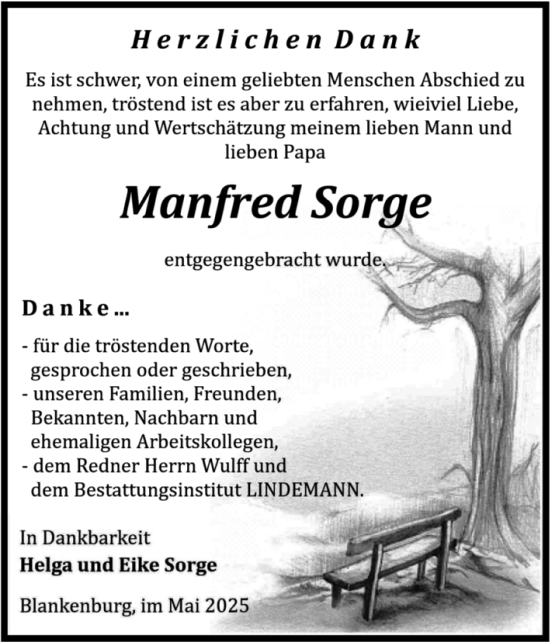 Traueranzeige von Manfred Sorge von Volksstimme Wernigerode