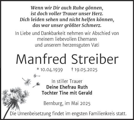 Traueranzeige von Manfred Streiber von Trauerkombi Bernburg