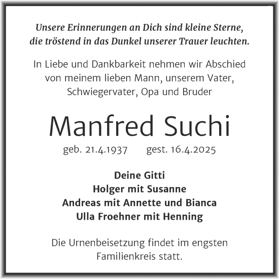 Traueranzeige von Manfred Suchi von Trauerkombi Bitterfeld