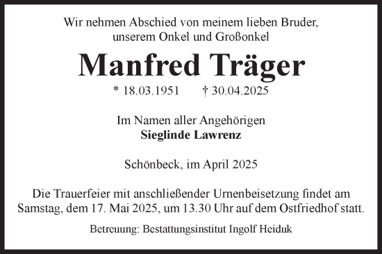 Traueranzeige von Manfred Träger von Volksstimme Schönebeck