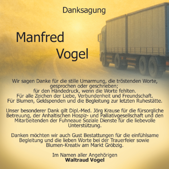 Traueranzeige von Manfred Vogel von Trauerkombi Köthen