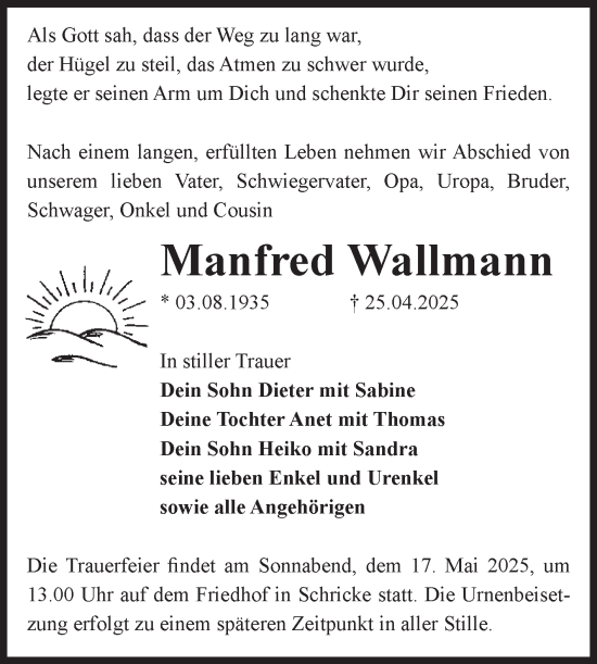 Traueranzeige von Manfred Wallmann von Volksstimme Haldensleben/Wolmirstedt