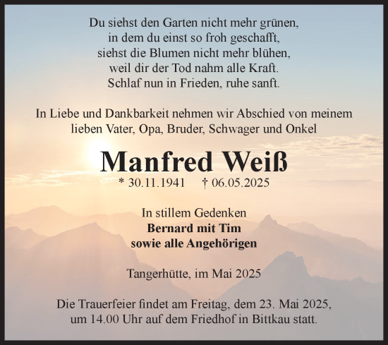 Traueranzeige von Manfred Weiß von Volksstimme Altmark Ost