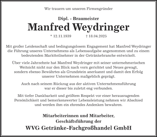 Traueranzeige von Manfred Weydringer von Super Sonntag Aschersleben