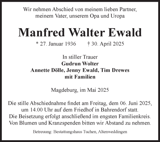 Traueranzeige von Manfred Walter Ewald von Volksstimme Magdeburg