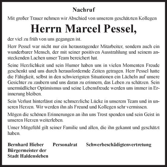 Traueranzeige von Marcel Pessel von Volksstimme Haldensleben/Wolmirstedt