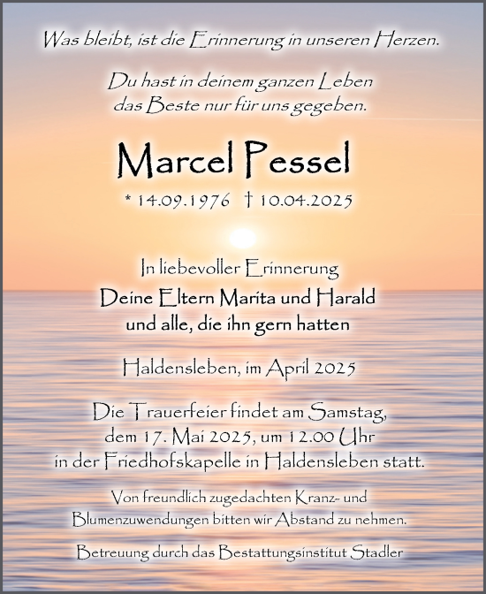 Traueranzeige von Marcel Pessel von Volksstimme Haldensleben/Wolmirstedt