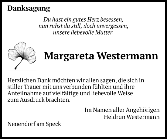 Traueranzeige von Margareta Westermann von Volksstimme Altmark Ost
