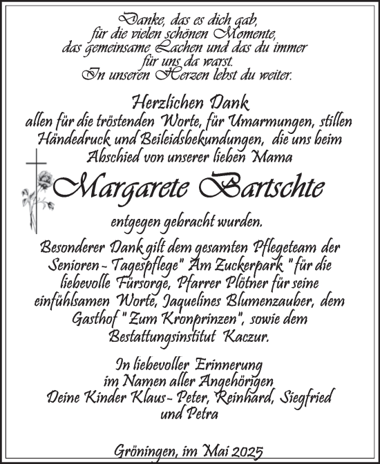 Traueranzeige von Margarete Bartschke von Volksstimme Oschersleben/Wanzleben