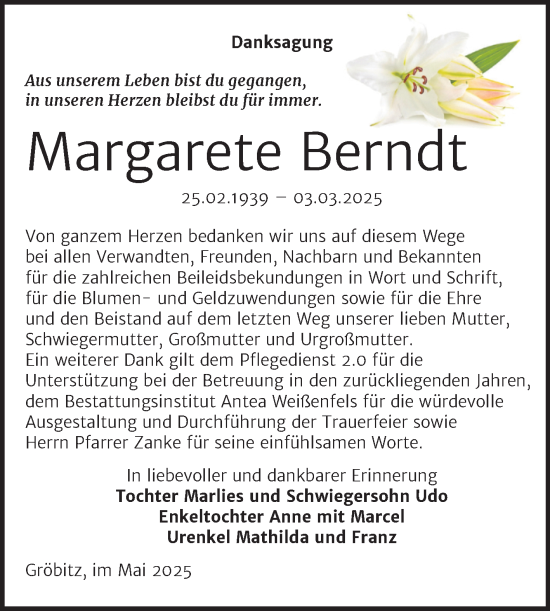 Traueranzeige von Margarete Berndt von Trauerkombi Weißenfels