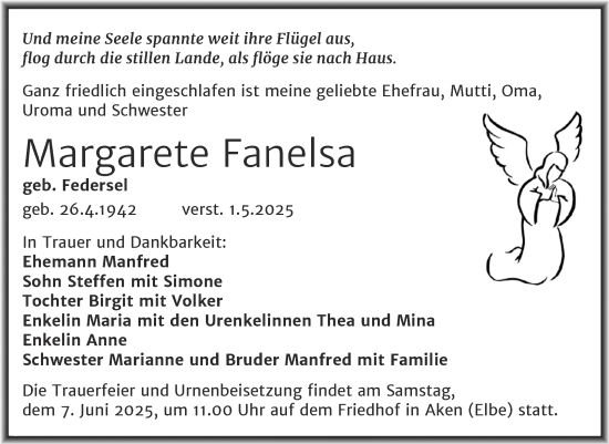 Traueranzeige von Margarete Fanelsa 