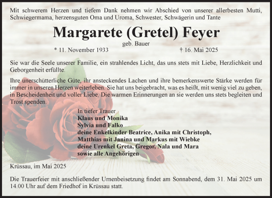 Traueranzeige von Margarete Feyer von Volksstimme Burg/Genthin