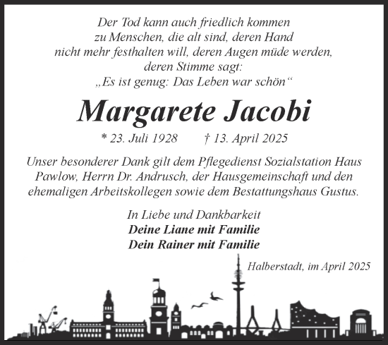 Traueranzeige von Margarete Jacobi von Volksstimme Halberstadt