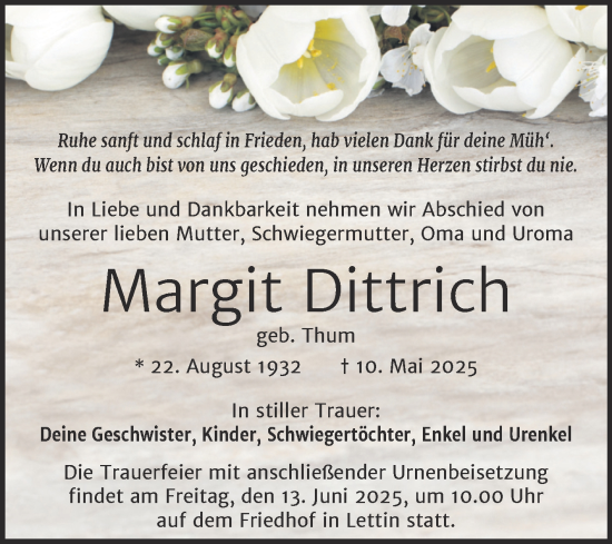 Traueranzeige von Margit Dittrich von Mitteldeutsche Zeitung Halle/Saalkreis