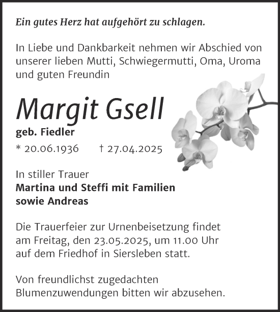 Traueranzeige von Margit Gsell von Trauerkombi Mansfelder Land