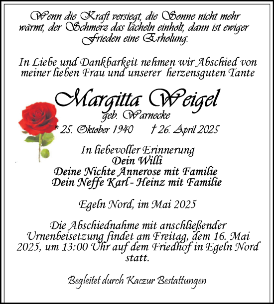 Traueranzeige von Margitta Weigel von Volksstimme Staßfurt