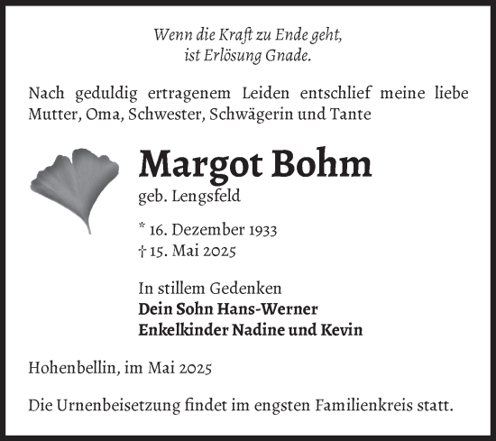 Traueranzeige von Margot Bohm von Volksstimme Burg/Genthin