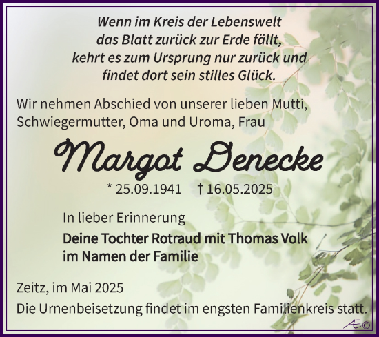 Traueranzeige von Margot Denecke von Trauerkombi Zeitz