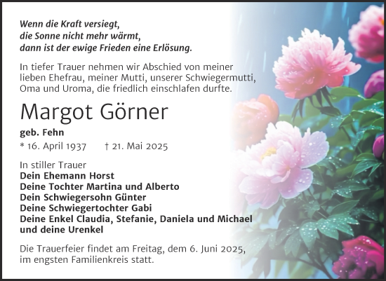 Traueranzeige von Margot Görner von Trauerkombi Dessau
