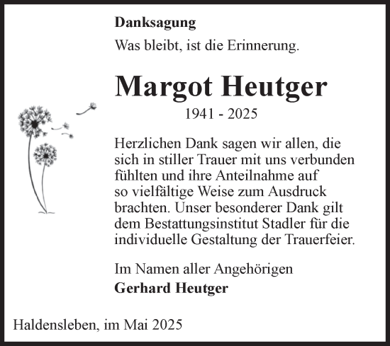 Traueranzeige von Margot Heutger von Volksstimme Haldensleben/Wolmirstedt