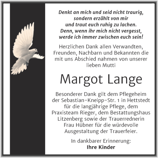 Traueranzeige von Margot Lange von Trauerkombi Mansfelder Land