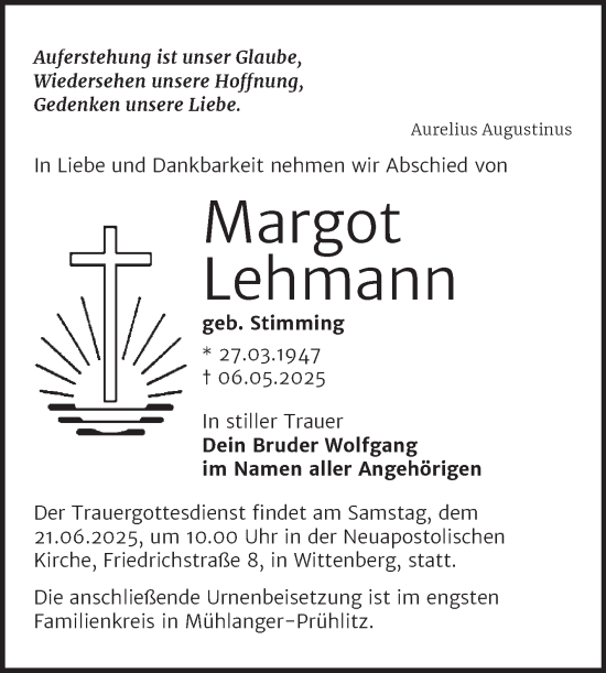 Traueranzeige von Margot Lehmann von Trauerkombi Wittenberg
