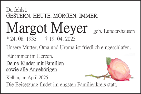 Traueranzeige von Margot Meyer von Trauerkombi Sangerhausen
