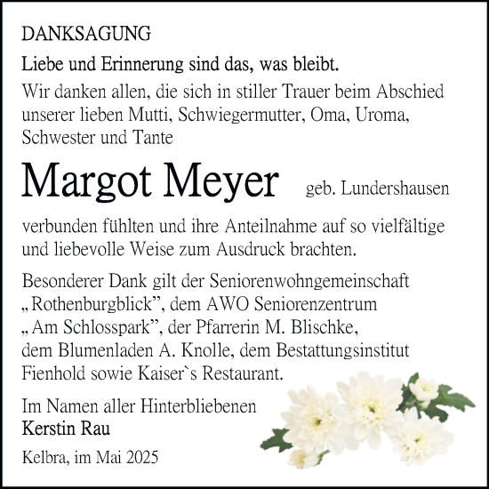 Traueranzeige von Margot Meyer von Trauerkombi Sangerhausen