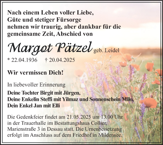 Traueranzeige von Margot Pätzel von Trauerkombi Dessau