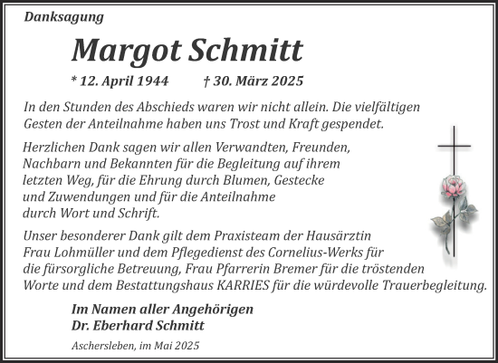 Traueranzeige von Margot Schmitt von Trauerkombi Aschersleben