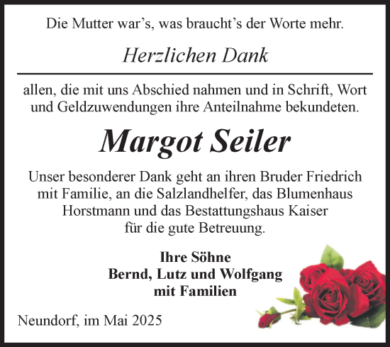 Traueranzeige von Margot Seiler von Volksstimme Staßfurt